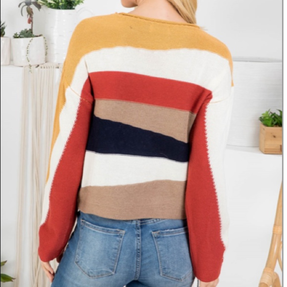 Cropped, Asymmetrical Stripe Long Sleeve Sweater - Picture 7 of 8